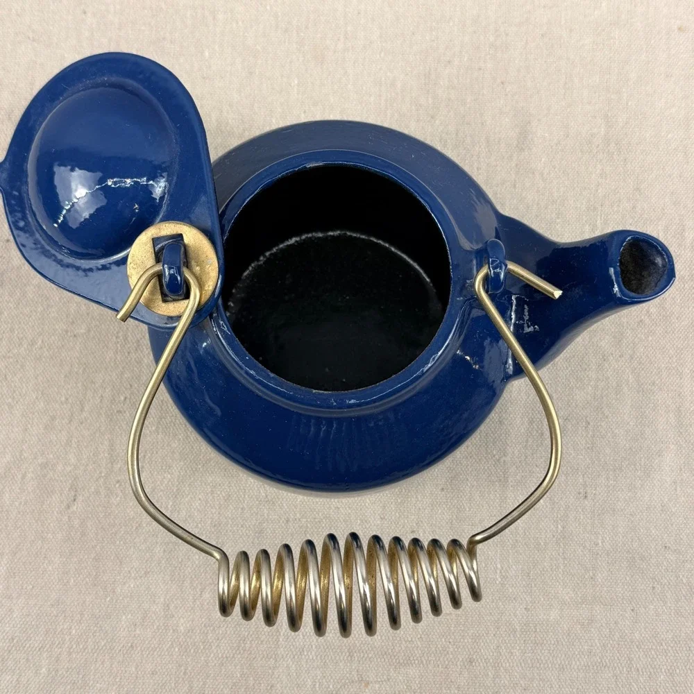 MCM‎ Blue Enamel Cast Iron Teapot Spring Handle Quistgaard Style Danish Modern